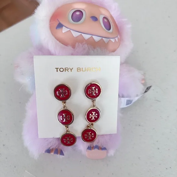 Tory Burch Gold-Tone Red Enamel Triple Drop Logo Earrings - Picture 6 of 13